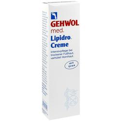 Eine weiße Verpackung von GEHWOL med Lipidro Creme für trockene Füße.