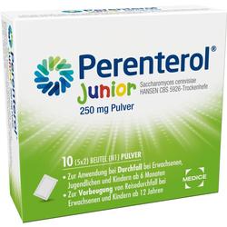 Eine grüne Schachtel mit Perenterol Junior Pulver gegen Durchfall.