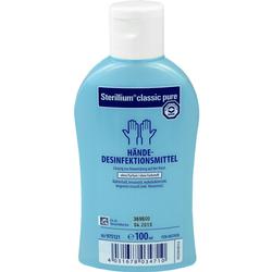 Eine blaue Flasche mit Händedesinfektionsmittel.
