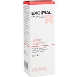 Weiße Schachtel mit der Aufschrift „Excipial Repair Sensitive“, eine Handcreme für trockene Hände.
