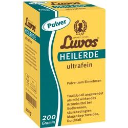 Gelbe Packung mit Luvos-Heilerde-Pulver zur Einnahme bei Magenbeschwerden.