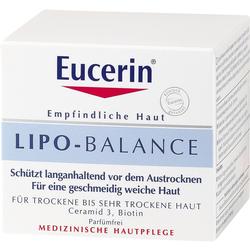 Eine weiße Box mit der Aufschrift "Eucerin Lipo-Balance" für trockene Haut.