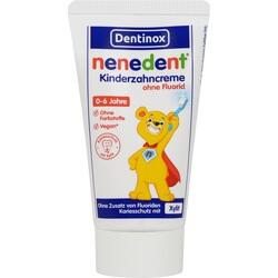 Weiße Zahnpasta-Tube für Kinder mit einem fröhlichen gelben Bär.