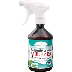 Braune Sprühflasche gegen Milben mit Aufschrift "MilbenEx".
