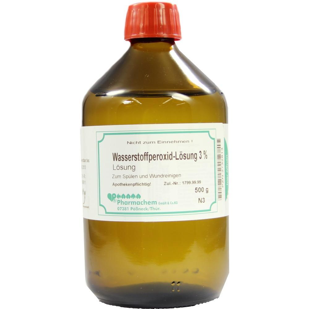 Braune Flasche mit Wasserstoffperoxid-Lösung und rotem Deckel.