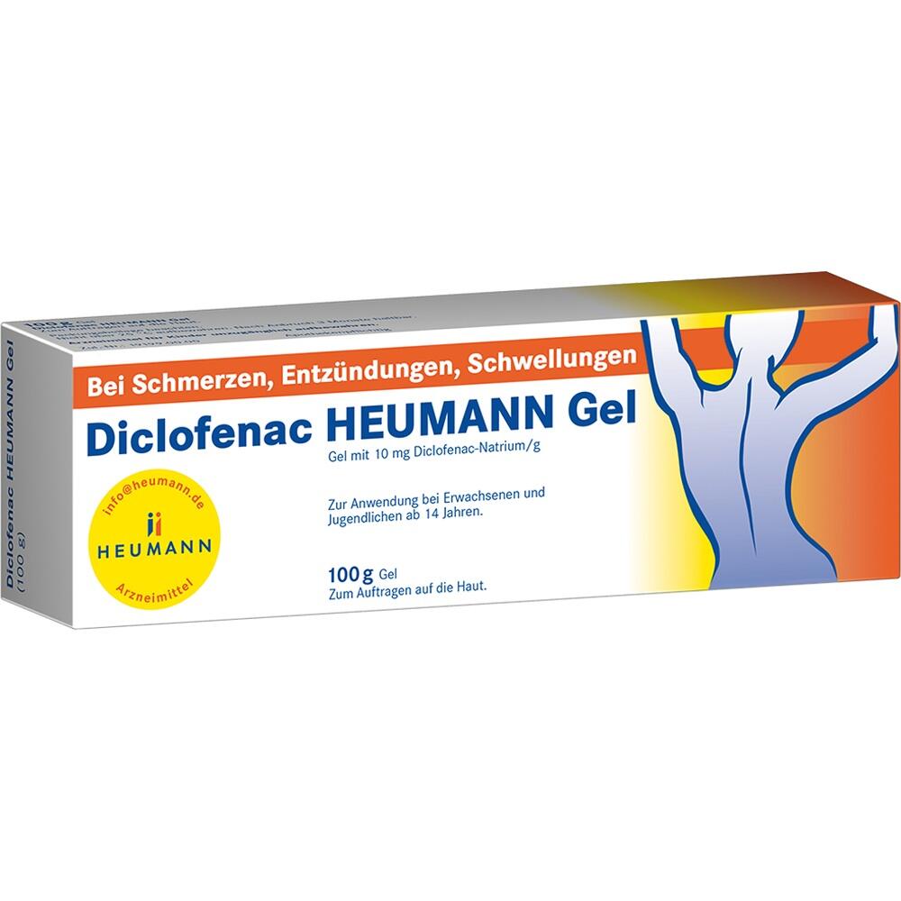 Verpackung von Diclofenac Heumann Gel gegen Schmerzen und Schwellungen.