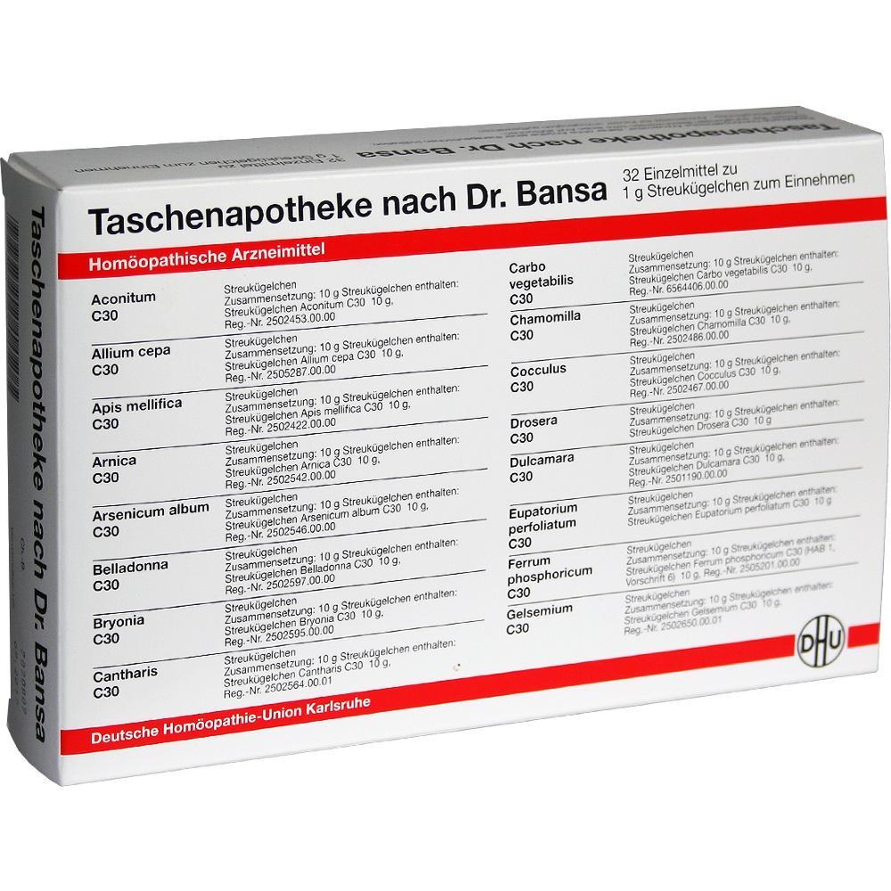 Eine Schachtel homöopathischer Mittel mit verschiedenen Inhaltsstoffen wird gezeigt.