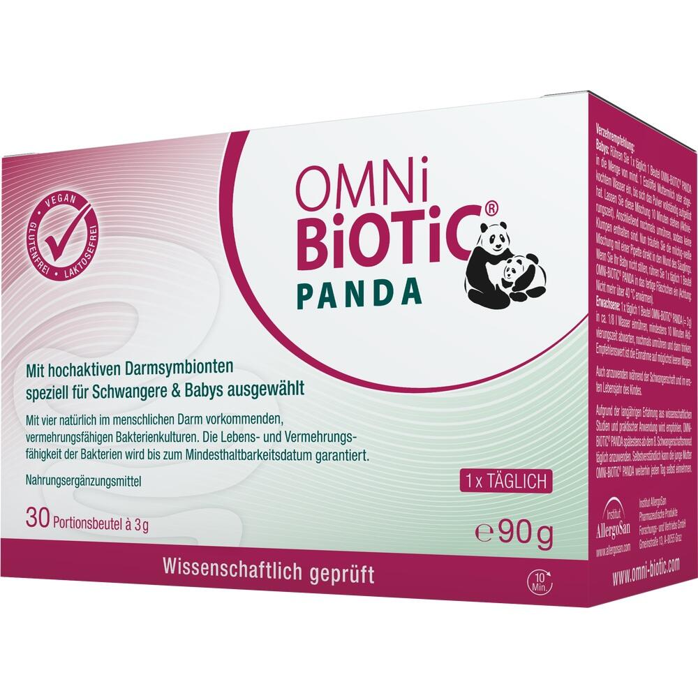 Verpackung eines Nahrungsergänzungsmittels für Schwangere und Babys mit Panda-Bild.