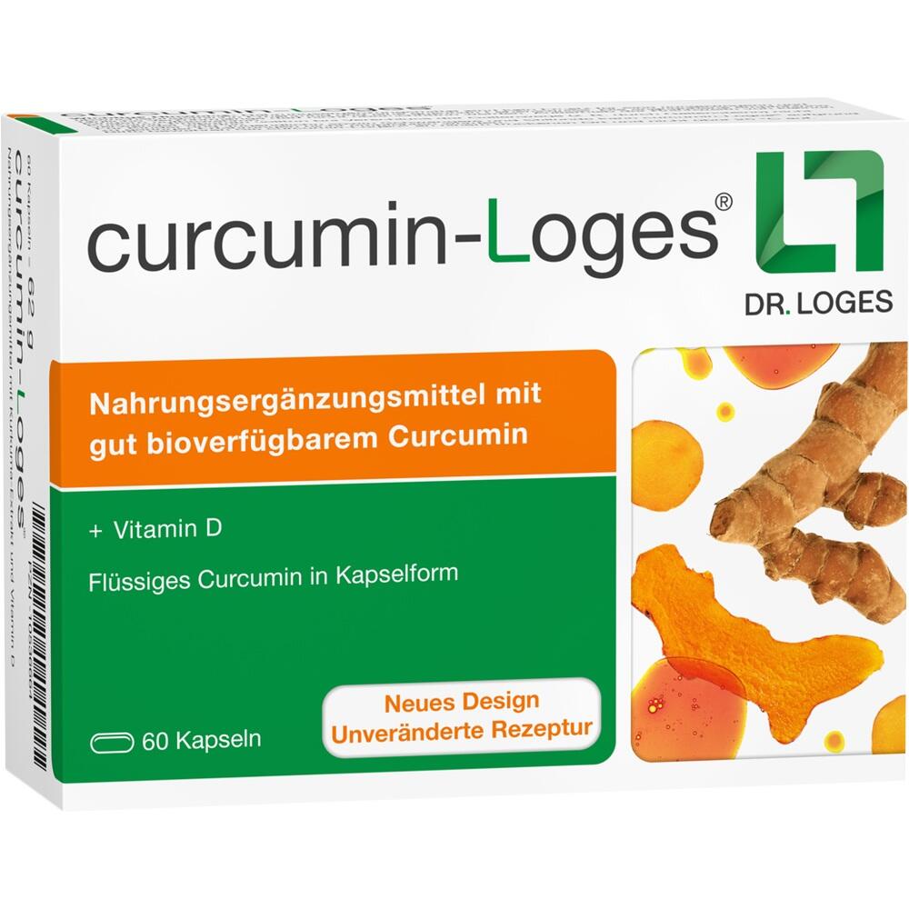 Verpackung eines Nahrungsergänzungsmittels mit Curcumin und Vitamin D in Kapselform.