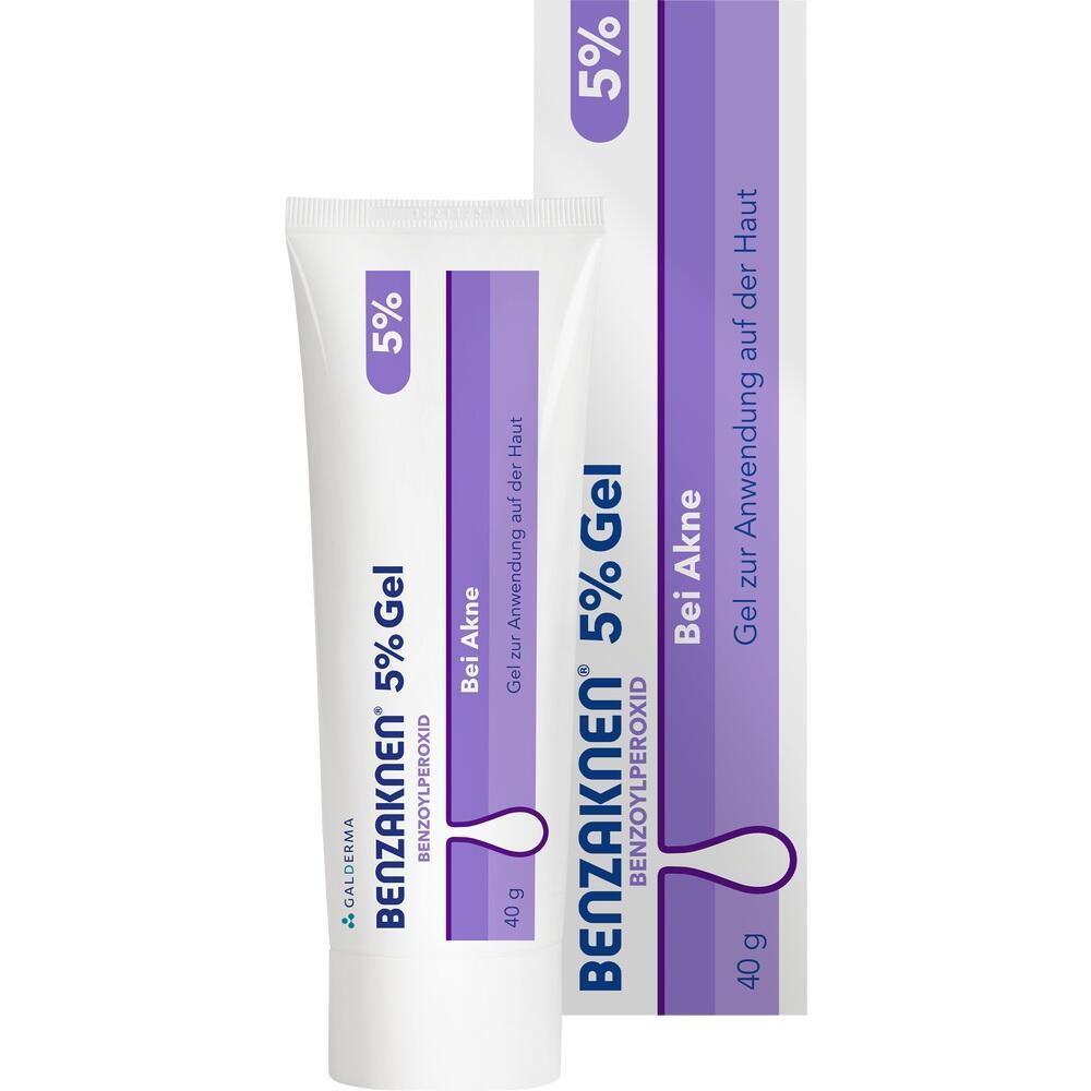 Weiße Tube und Verpackung mit lila Akzenten, Beschriftung: Akne-Gel mit 5% Benzoylperoxid.